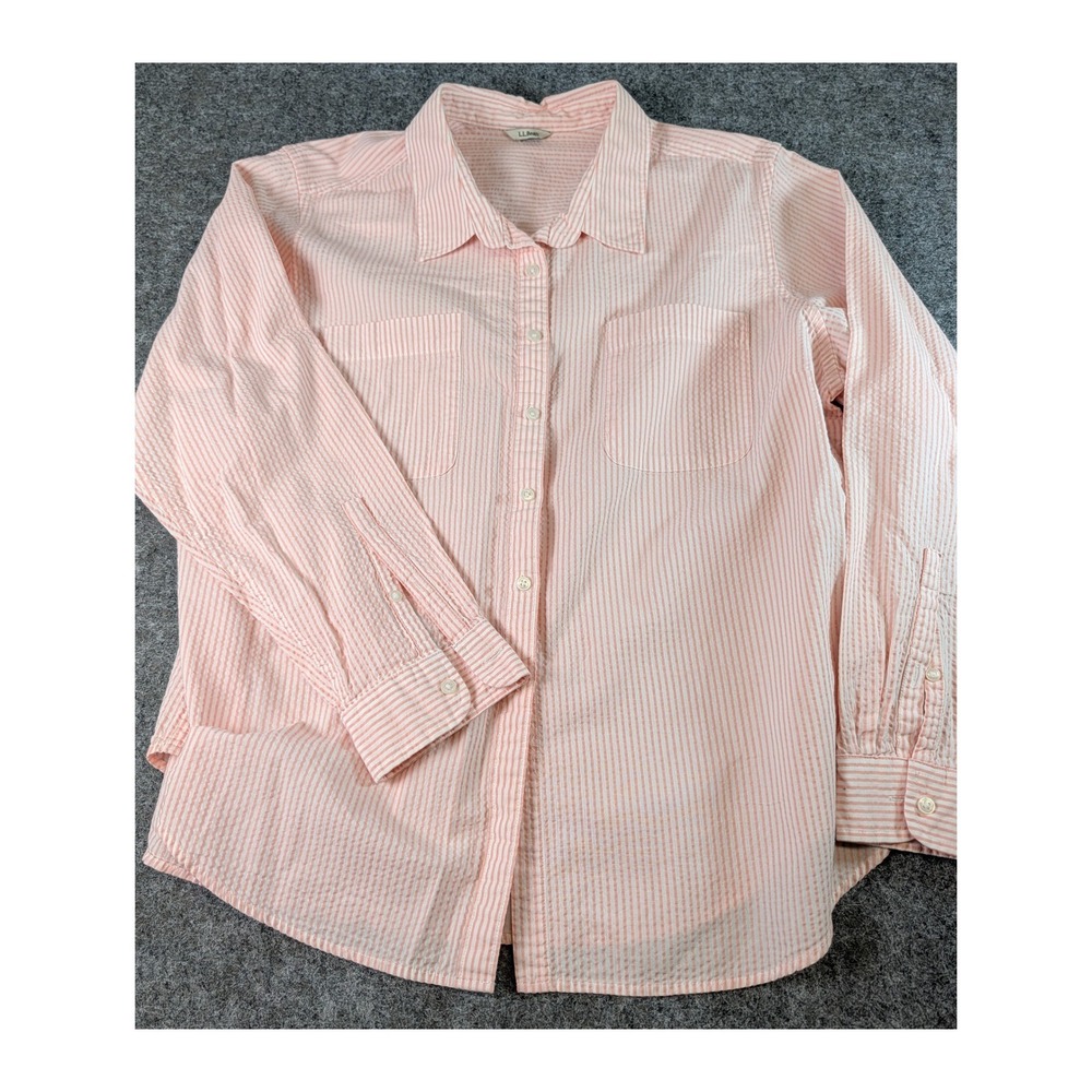 LL Bean Seersucker Button Up Shirt Pink White Stripe Cotton 507315 Womens